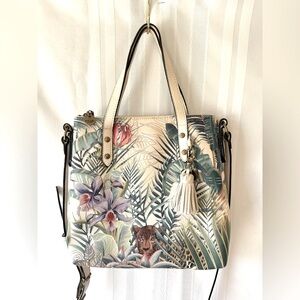 The Sak Collective Arriba Jungle Cream Floral Cheetah Leather Tote EUC